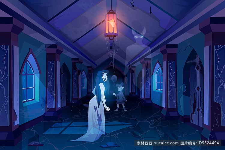 古老的城堡大厅 黑暗中行走的鬼魂插图