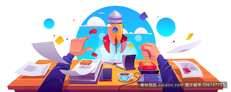 创业项目启动 企业创新理念实现 发展壮大 火箭从工作地点起飞时带着烟雾和文件 男性手推启动按钮 卡通矢量插图