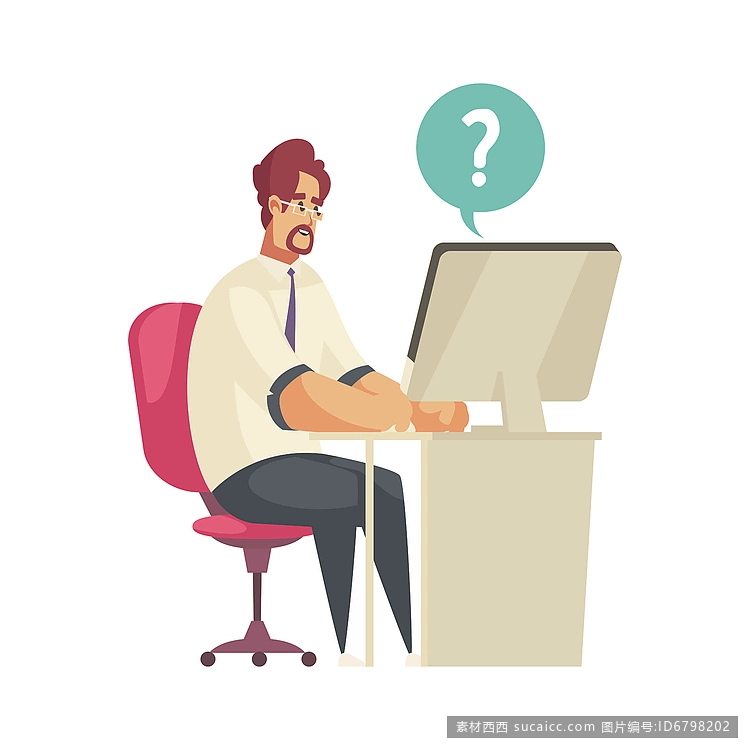 调度员客户支持呼叫中心的组成 以工作场所的男性代理人为视角 带问号矢量图