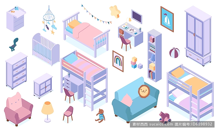 等距儿童房内部家具 配有床 桌子 搁架 抽屉柜 婴儿床玩具 台灯 白色背景上隔离的衣柜三维矢量图