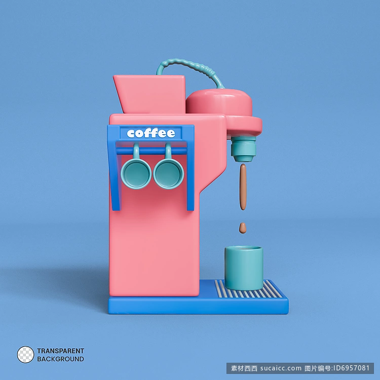 逼真的咖啡壶与杯子在蓝色背景三维渲染插图画家